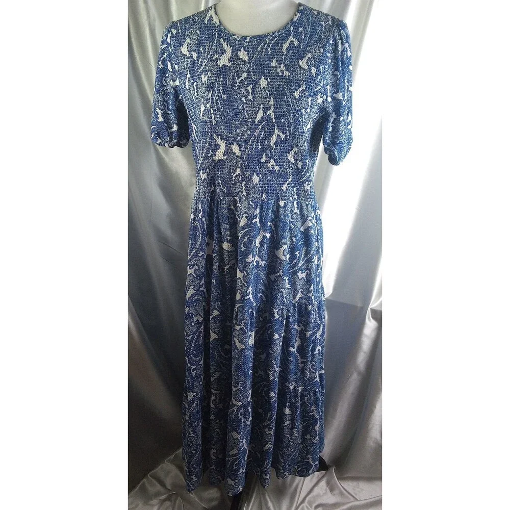 MICHAEL KORS BLUE WHITE PAISLEY SHORT SLEEVE LINED MAXI DRESS SIZE XL